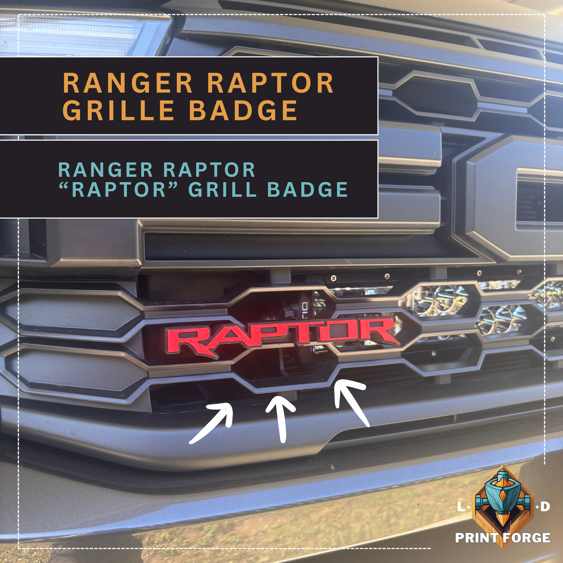 Custom RAPTOR front grille emblem badge installed on grille