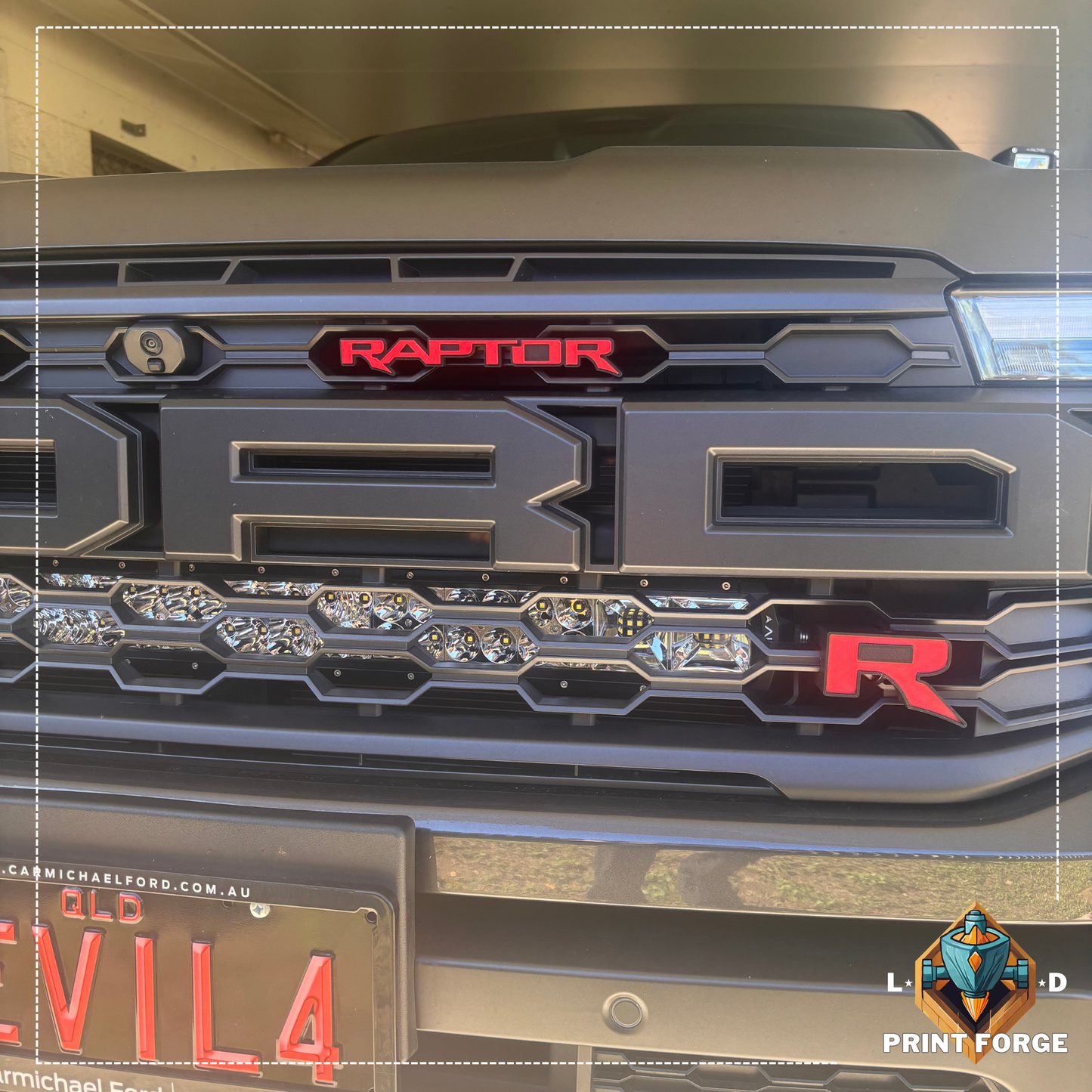 Custom Ranger RAPTOR front grille emblem badge installed on grille