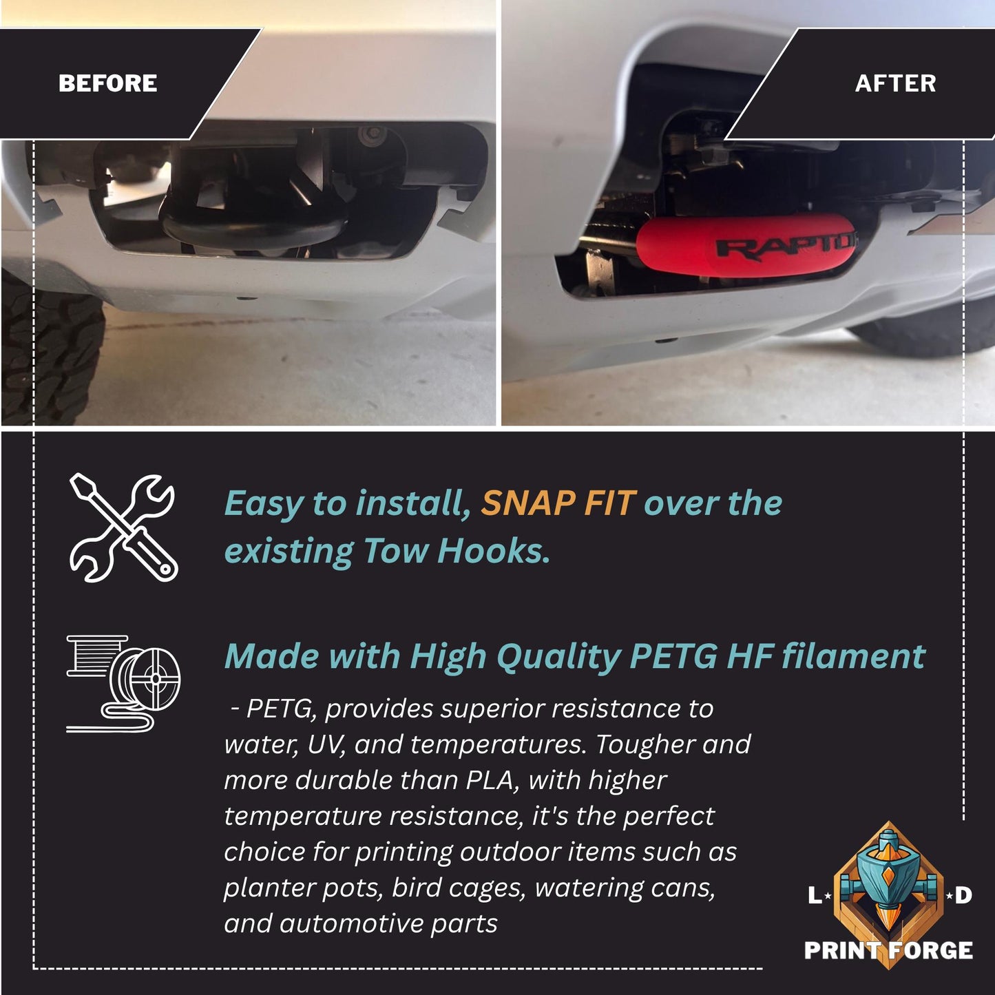 Premium Front "Raptor" Text NextGen Ford Ranger Raptor Tow Hook Accent Covers for Round Hooks | Ford Accessories and Parts |  Wildtrak